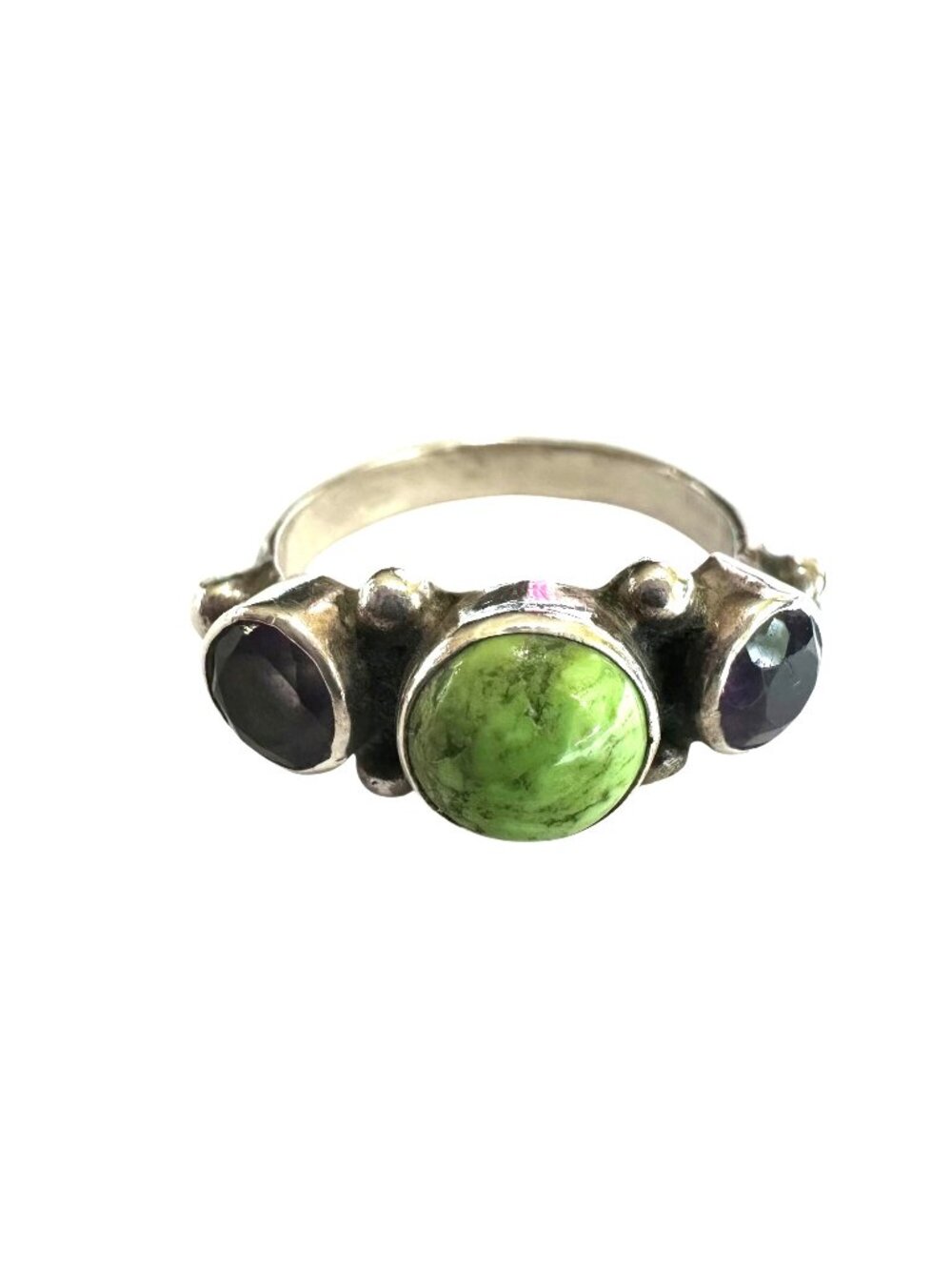 Sterling Silver Ring Lime Green Turquoise & Purple Glass Size 5.75